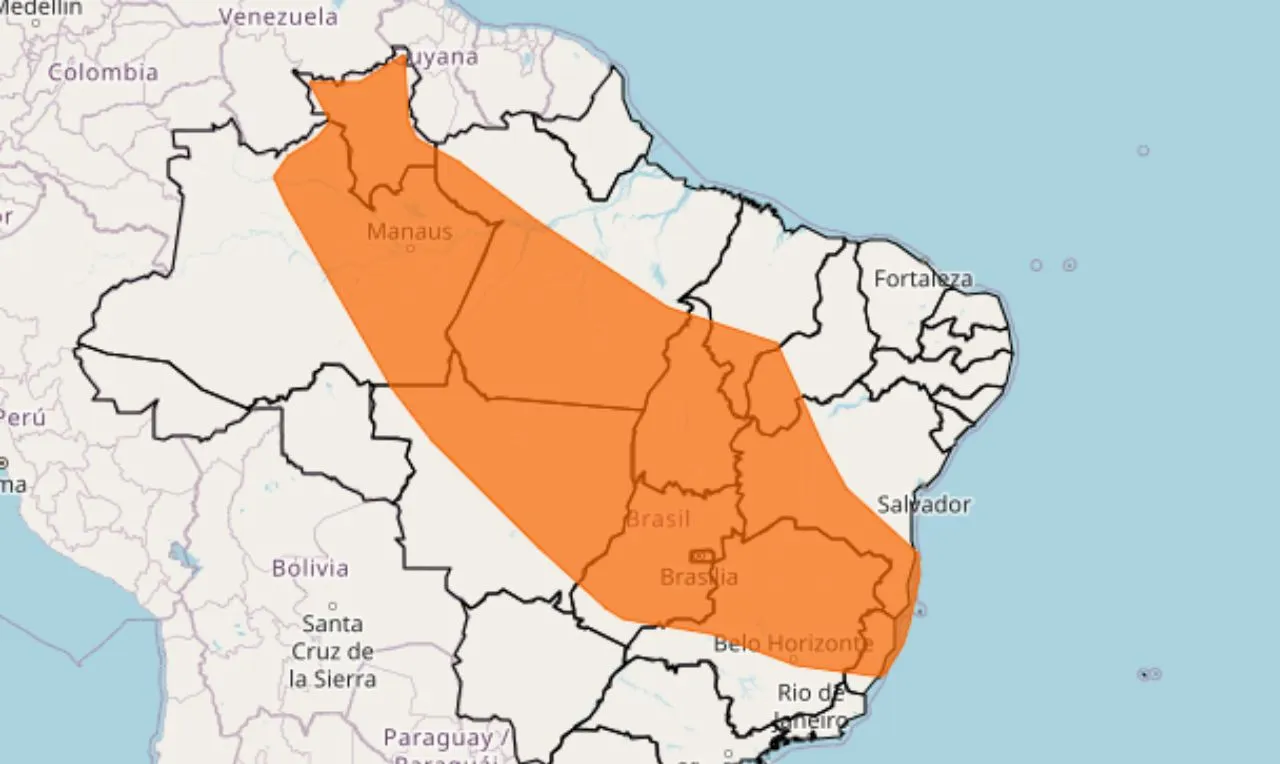 O mapa mostra às áreas em alerta para temporais e chuva intensa